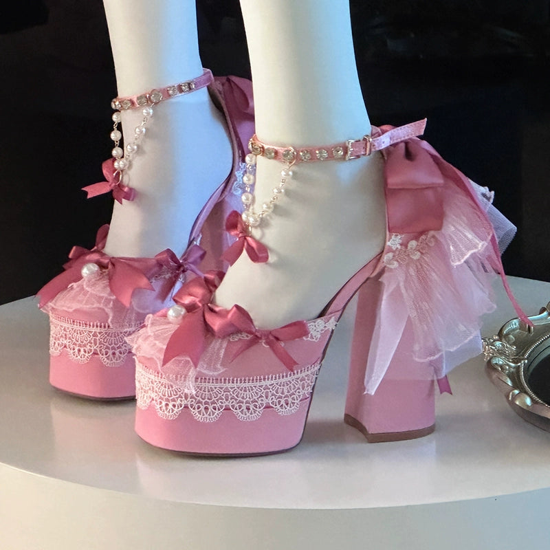 Nakorara ピンク色　地雷系　ロリータ　シューズ　ブーツ　花嫁　底14cm　5.5cm　ヒールパンプス　かわいい　アクセサリー