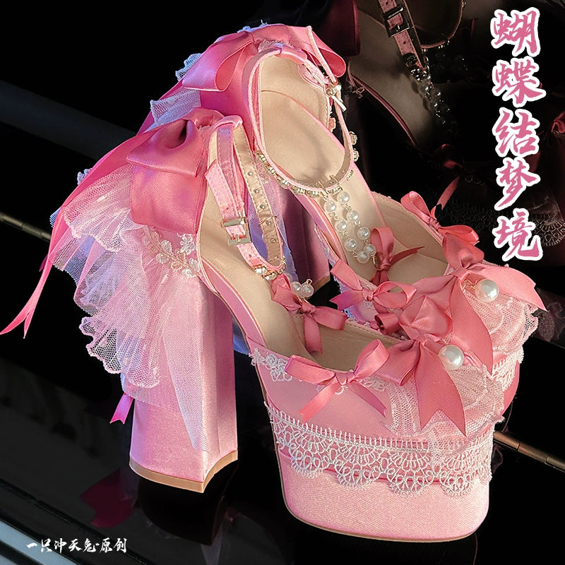 Nakorara ピンク色　地雷系　ロリータ　シューズ　ブーツ　花嫁　底14cm　5.5cm　ヒールパンプス　かわいい　アクセサリー