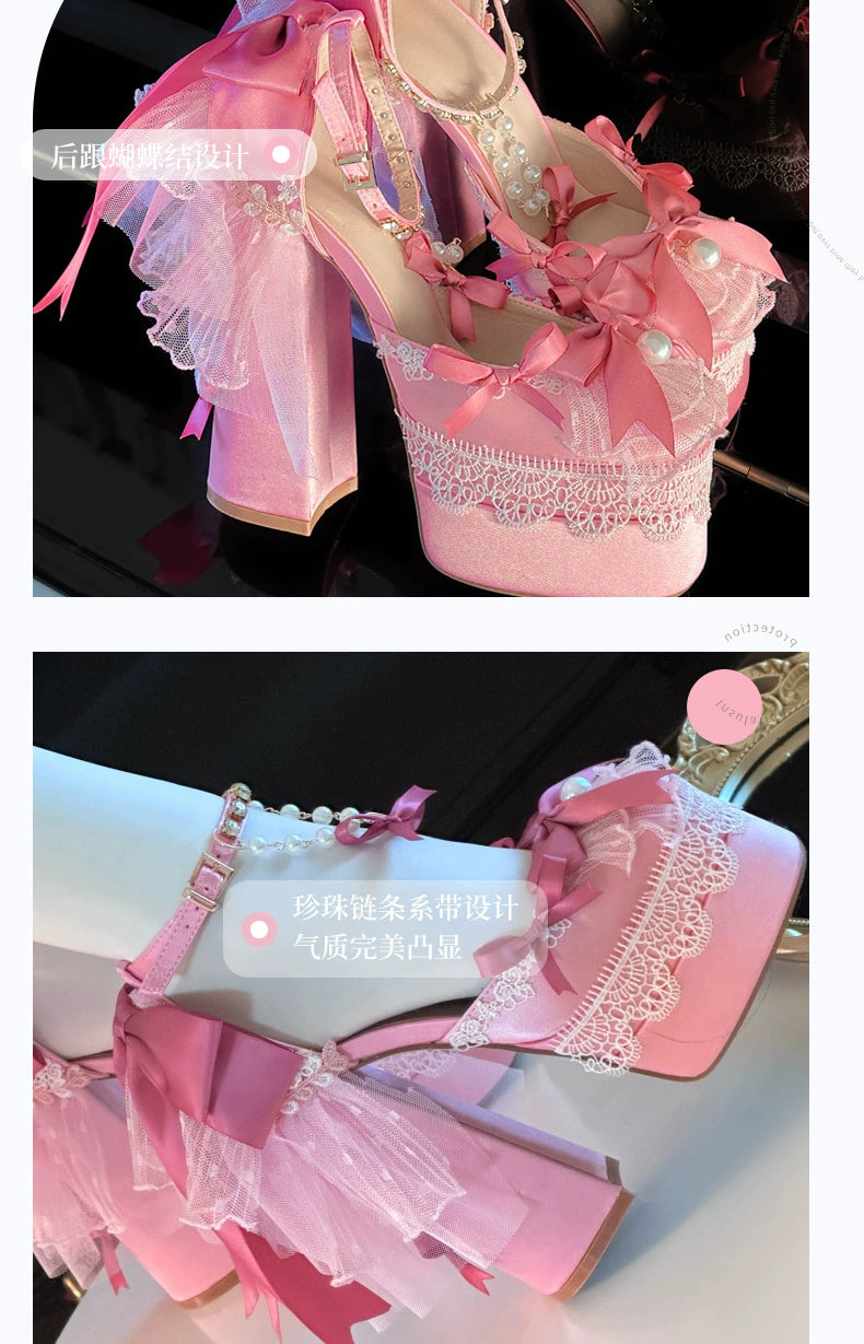 Nakorara ピンク色　地雷系　ロリータ　シューズ　ブーツ　花嫁　底14cm　5.5cm　ヒールパンプス　かわいい　アクセサリー